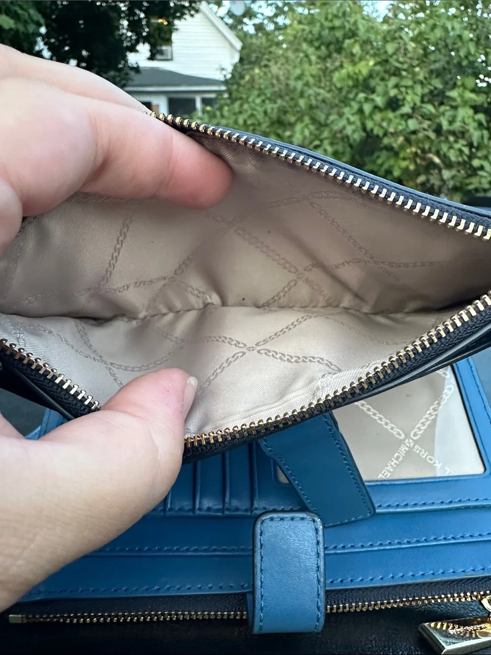 Michael Kors Blue MK Logo Wristlet Wallet with Gold Hardware